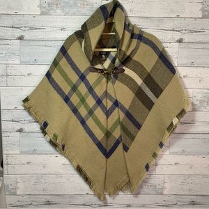 Modena Womens One Size Cape Shawl w/ Buckle Tan With Blue & Green Plaid